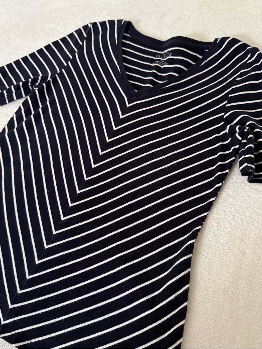 Talbots Petite Women MP Navy White Stripe Chevron V Neck A Line Cotton Top
